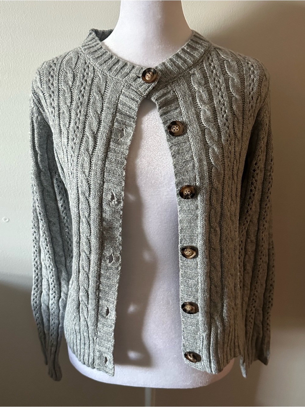 Women’s Light Gray Cable Knit Cardigan with Buttons- Must Have Cozy Essentials